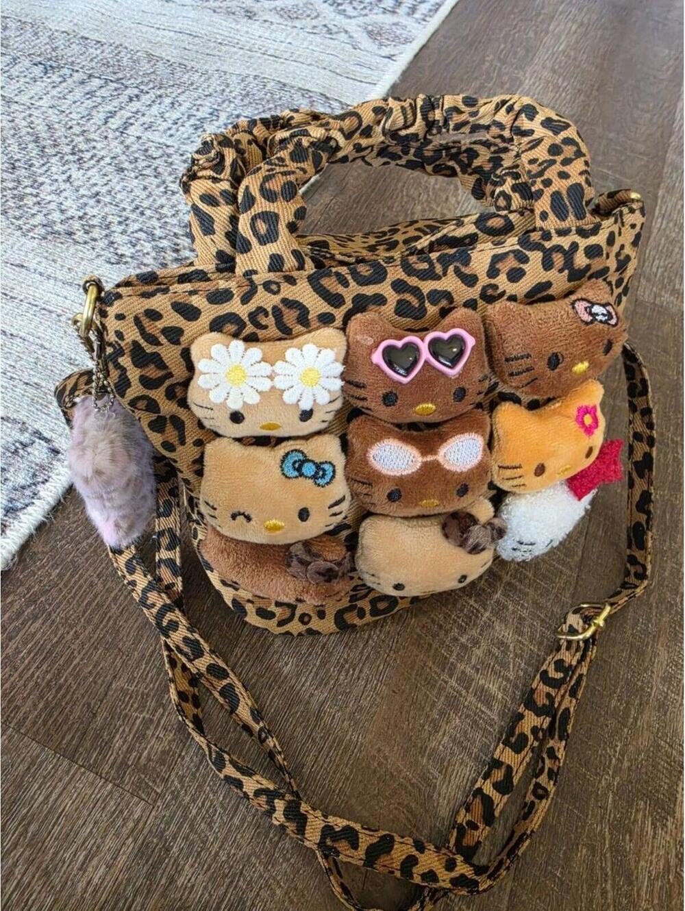 Hello Kitty Leopard Print Shoulder Bag Plush Accents Charm Gold Hardware Women